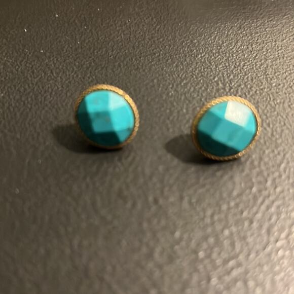 Gold Metal and Turquoise Stud Earrings for Pierced Ears - Picture 3 of 7
